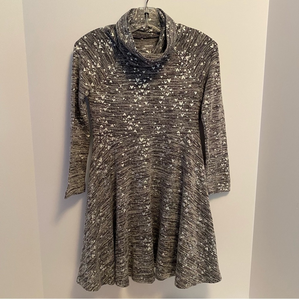 Sonoma Girl's Cowl Neck Skater Dress Heather Gray Silver Metallic Hearts Size 6
